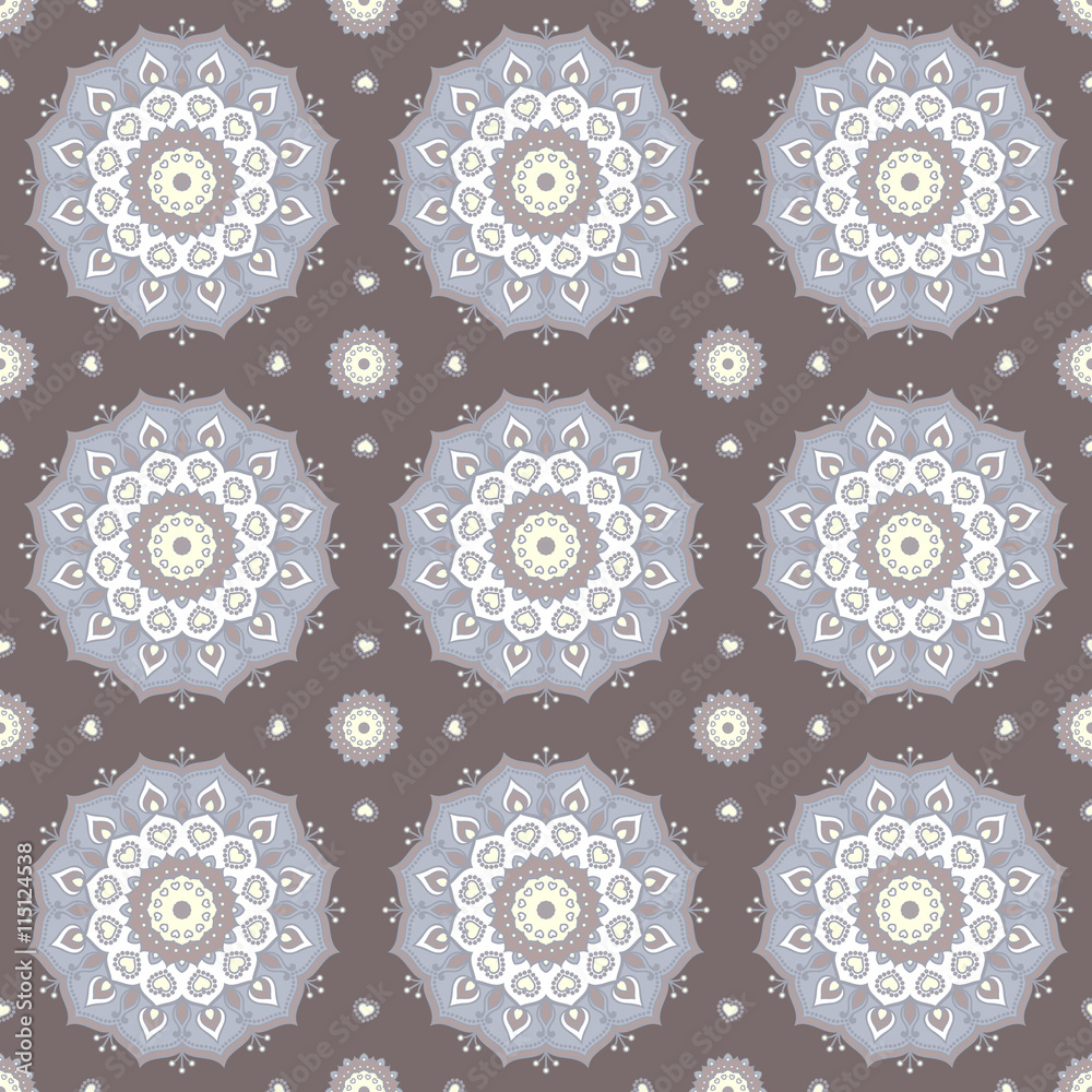 Seamless hand drawn mandala pattern for printing on fabric or paper. Vintage decorative elements in oriental style. Islam, Arabic, indian, turkish,ottoman motifs.  Vector illustration.