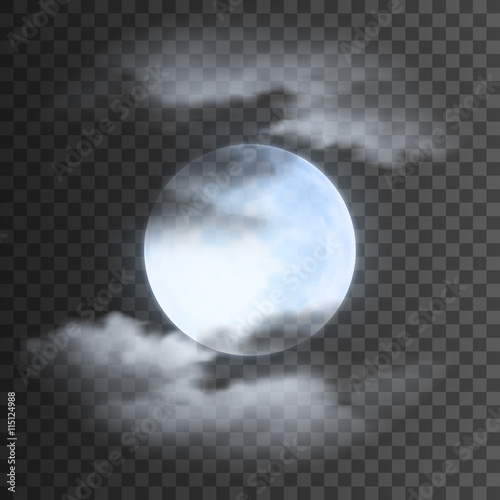 Realistic detailed full blue moon with clouds isolated on transparent background. Eps10 vector illustration, easy to use.