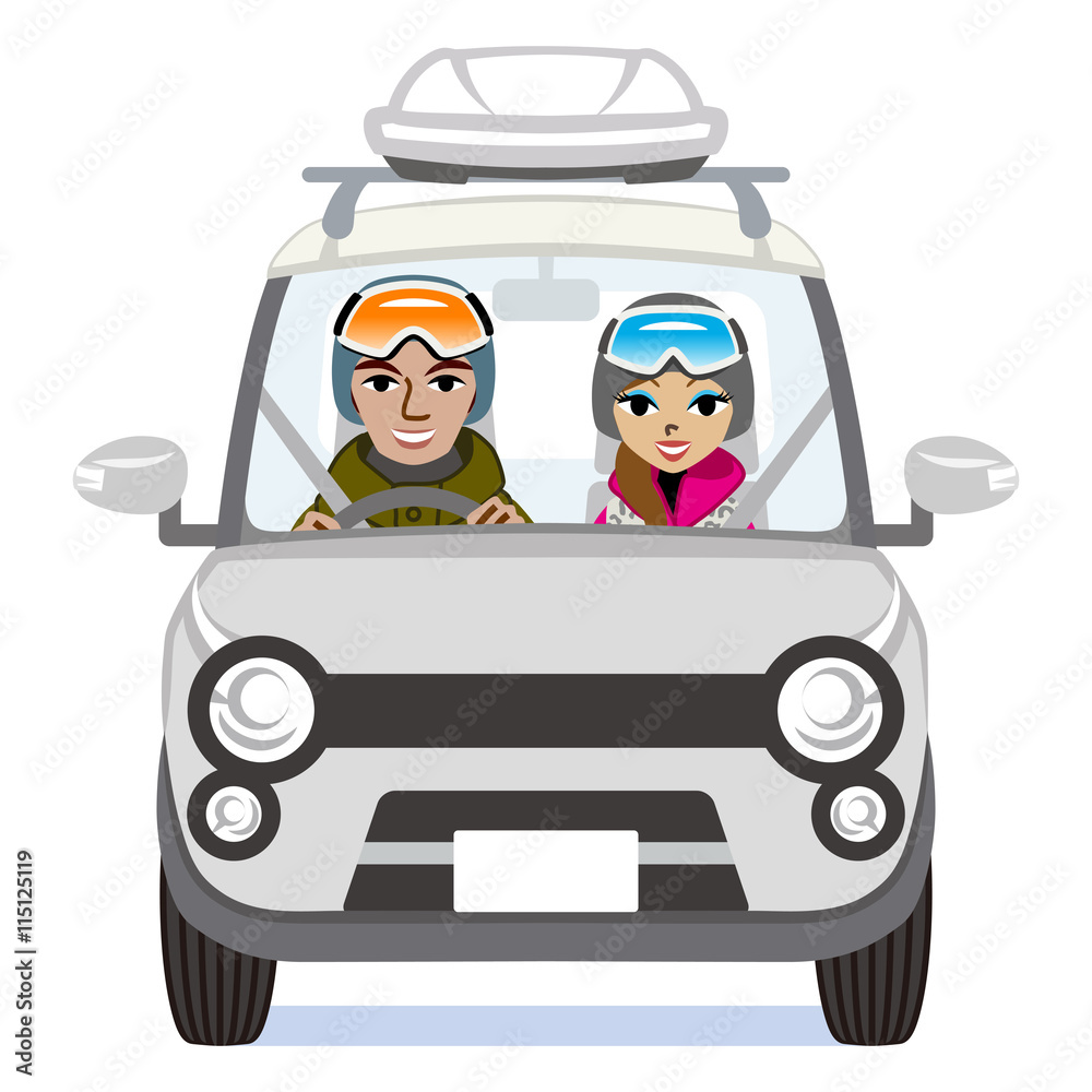 Winter fashion Couple riding the Silver car - Isolated Winter fashion Couple riding the Silver car - Isolated