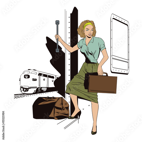 Girl in the train. Start travel. Bon Voyage.