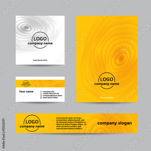 Yellow wooden corporate set of business card, cover, and banner. Abstract vector background for company branding with wooden texture.