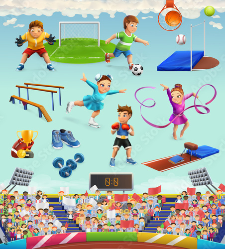 Sport, funny characters and objects, vector icon set