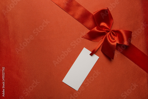 Silk Fabric Background, Red Satin Ribbon Bow, Price Tag