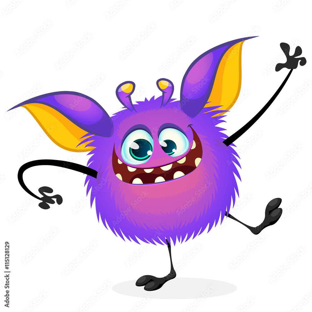 Vector cartoon Halloween monster waving. Furry purple round shaped monster  with big ears dancing. Monster game character Stock Vector | Adobe Stock
