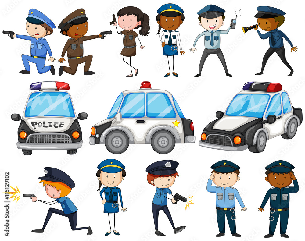 Set of police officers and cars