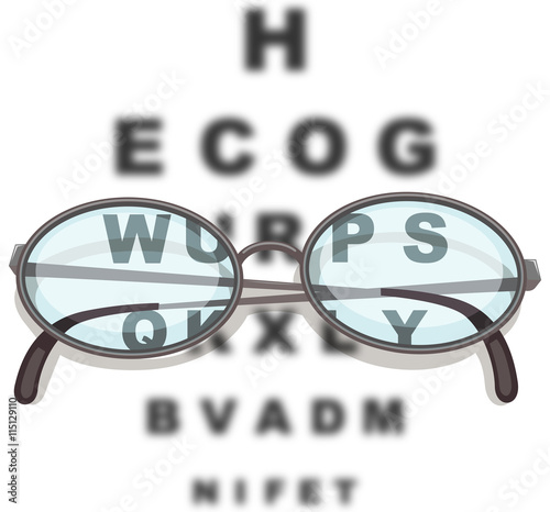 Pair of eyeglasses and reading chart