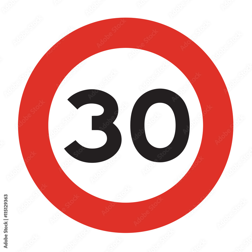 Speed Limit Sign. Speed limit 30 icon. Isolated illustration of circle speed limit sign with red border. Speed Limit Sign. Speed limit 30 icon. Isolated illustration of circle speed limit sign with red border.