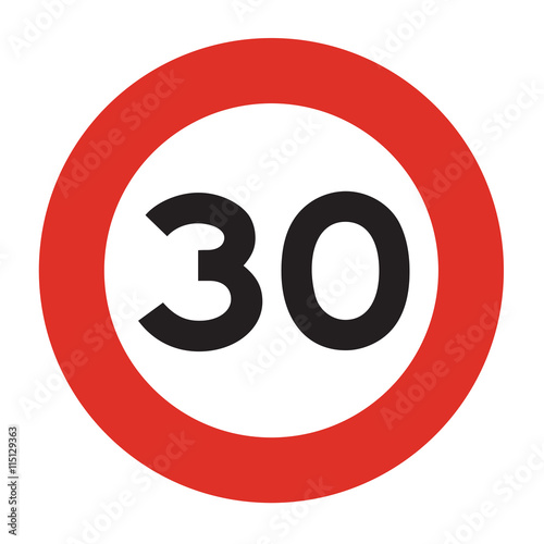 Speed Limit Sign. Speed limit 30 icon. Isolated illustration of circle speed limit sign with red border.
