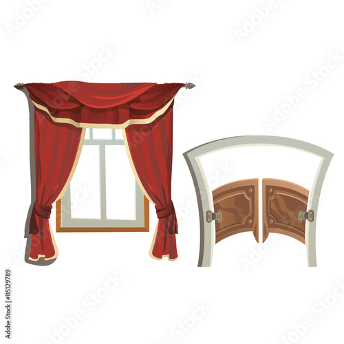 Window with red curtains and doors to saloon