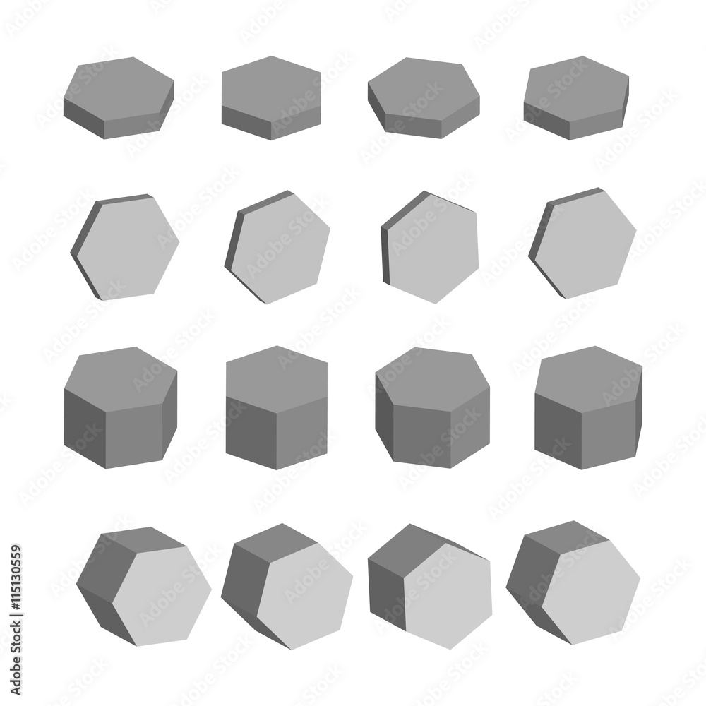 Hexagon. Monochrome set of geometric prism shapes