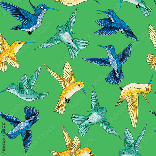 vector seamless flying little birds of paradise conversational pattern multi color, spring summer time, gentle romantic humming-bird, colibri background allover print design