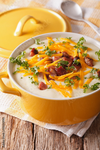 Cream potato soup with bacon and cheddar cheese close-up. Vertical
