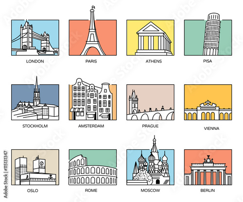 Europe landmarks and favorite travel destinations in line icons style and flat colour rectangle backgrounds.
