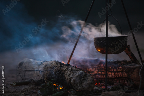 bonfire, night fire, bowler ear dinner, hunting or Fishing, travel photo