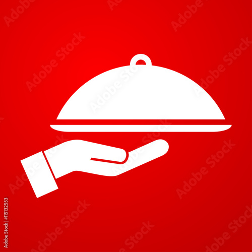 Icono plano bandeja con mano sobre fondo degradado rojo