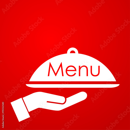 Icono plano Menu y bandeja con mano sobre fondo degradado rojo #3