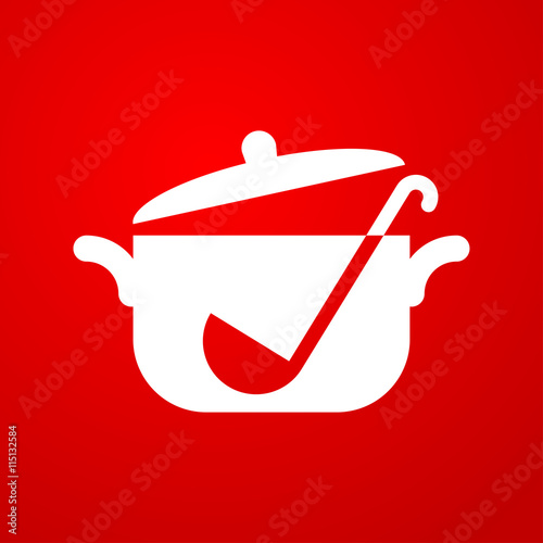 Icono plano olla con cucharón sobre fondo degradado rojo