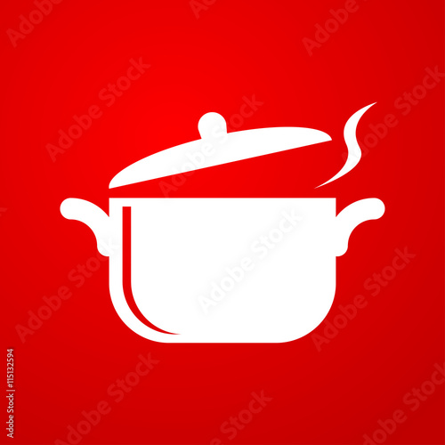  Icono plano olla con vapor sobre fondo degradado rojo
