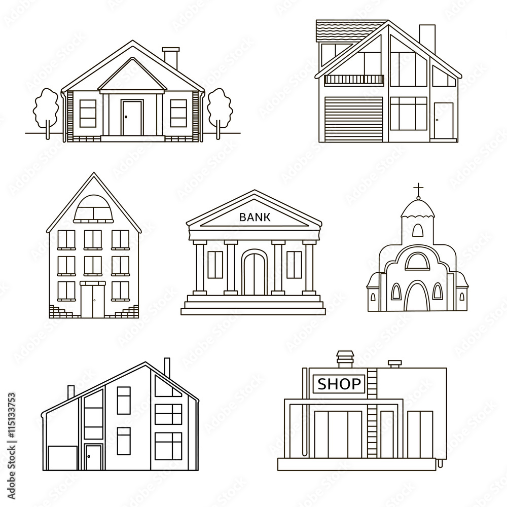House. Building set with  Bank, Church, Shop. Drawing. Line