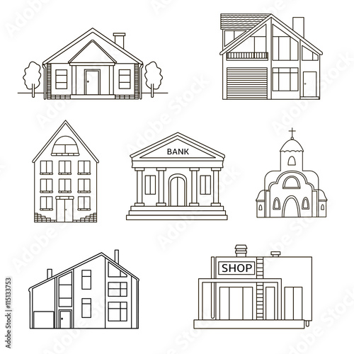 House. Building set with Bank, Church, Shop. Drawing. Line