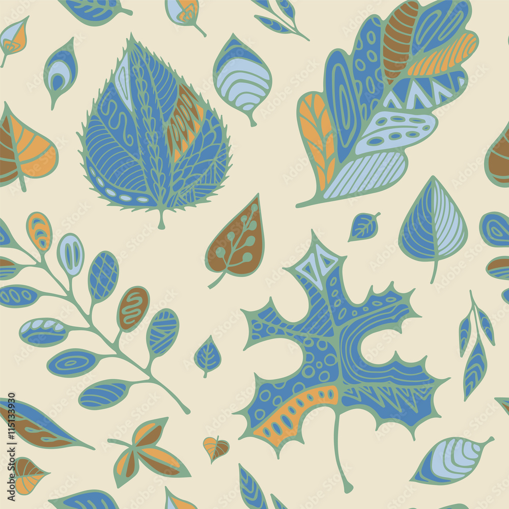 Fototapeta premium stock vector hand drawing set of leaf.seamless doodle pattern