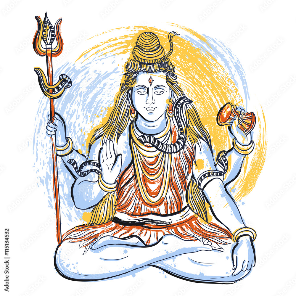 Indian god Shiva with abstract splashes in watercolor style. Concept design for t-shirt, print, poster, card. Vintage hand drawn vector illustration