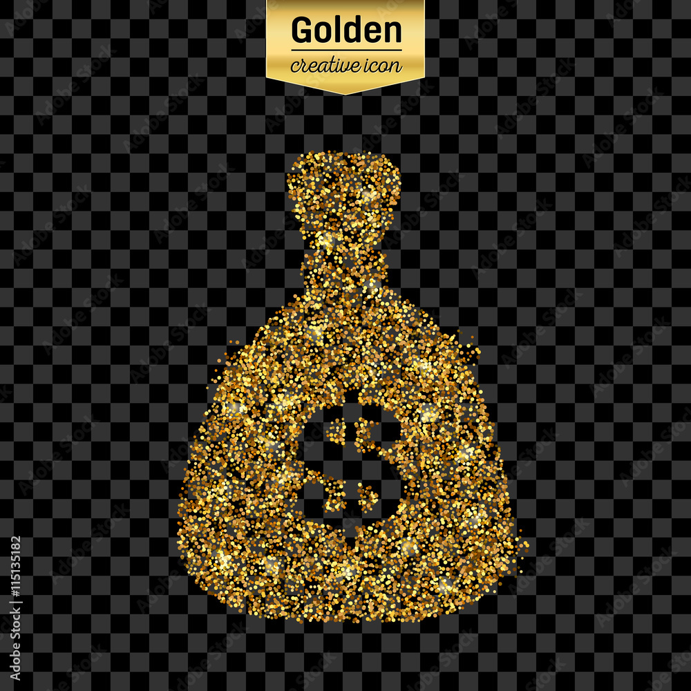 Gold glitter vector icon of money bag isolated on background. Art creative concept illustration for web, glow light confetti, bright sequins, sparkle tinsel, abstract bling, shimmer dust, foil.