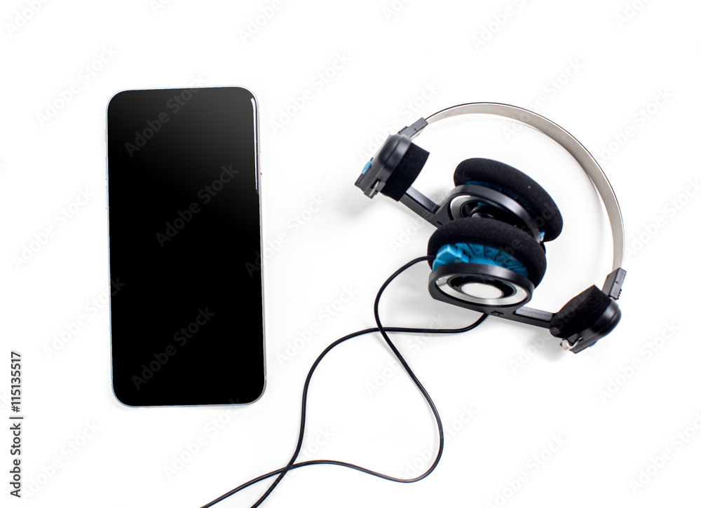 audio player with headphones isolated on white background