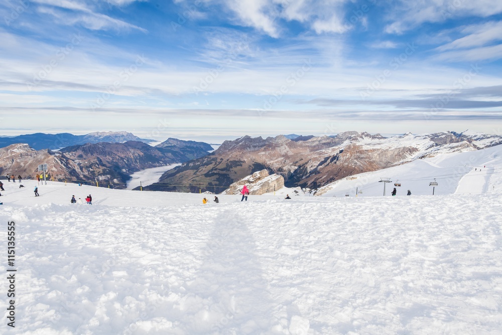 Holiday in Switzerland, foggy view of winter in Mount Titlis of snow