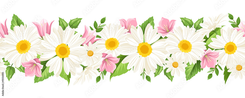 Vector horizontal seamless background with white daisies and pink harebell flowers.