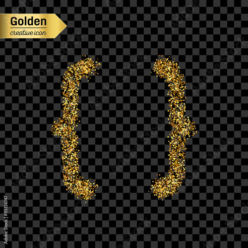 Gold glitter vector icon of curly bracket isolated on background. Art creative concept illustration for web, glow light confetti, bright sequins, sparkle tinsel, abstract bling, shimmer dust, foil.