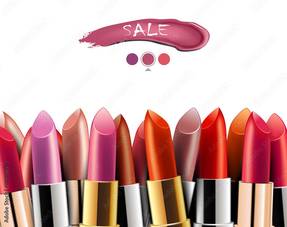 Obraz premium Set of colorful lipsticks on white background. Sale poster.