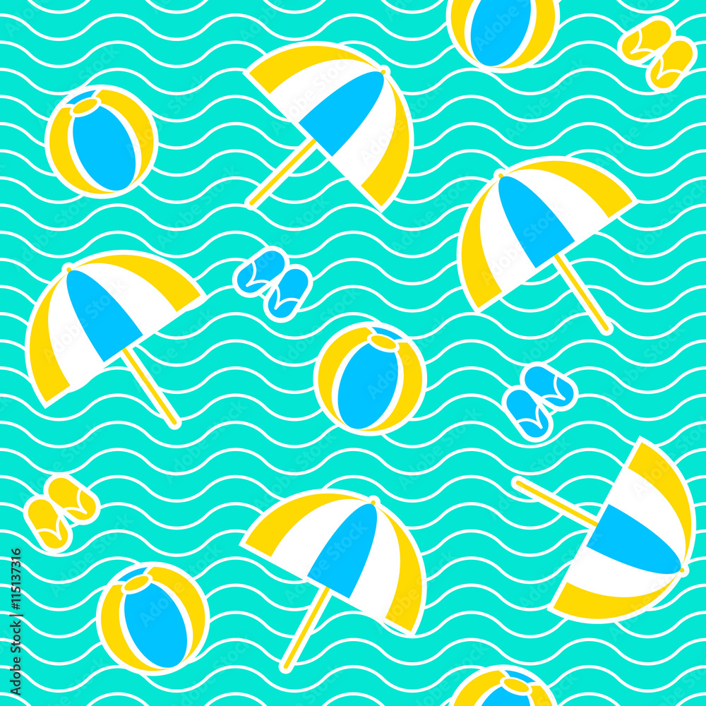 Naklejka premium Summer seamless pattern with parasol, ball, flip-flops. Vector illustration