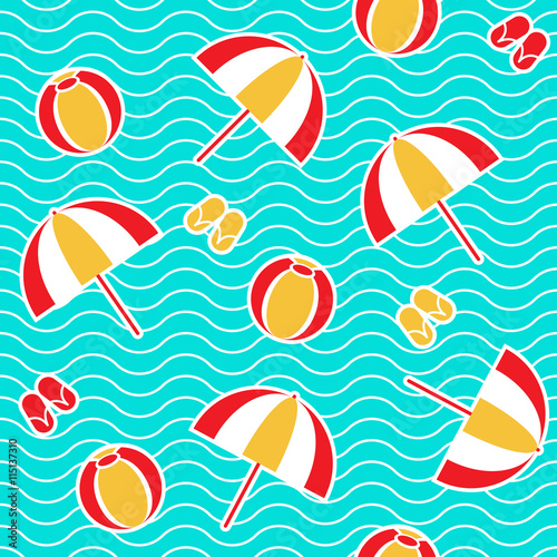 Summer seamless pattern with parasol, ball, flip-flops. Vector illustration