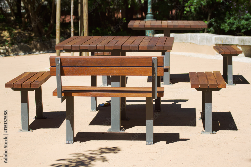 wooden table and bench in the city park wooden table and bench in the city park