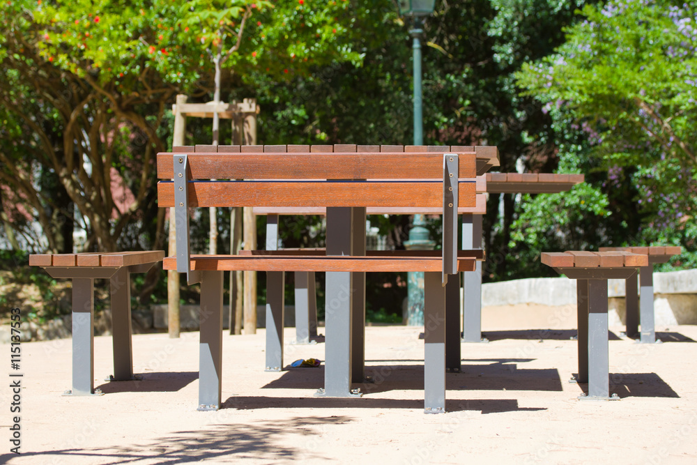 table and bench in the city park