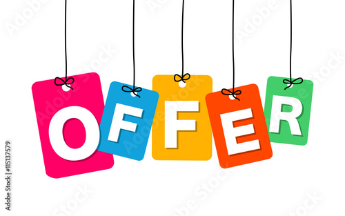 Vector colorful hanging cardboard. Tags - offer