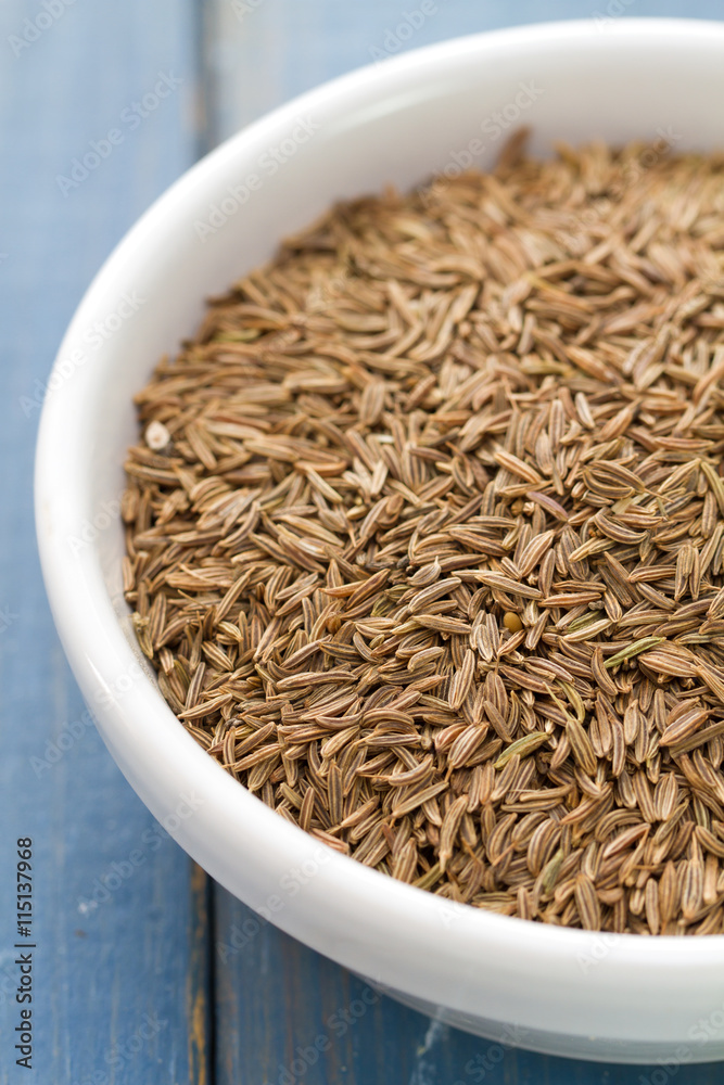 seeds of carum in white bowl on blue background seeds of carum in white bowl on blue background