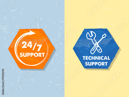 24/7 support and technical support with tools sign, two grunge h