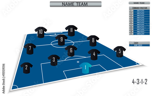 Vector soccer field with the arrangement of players and staff in the game