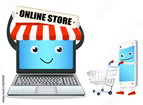 laptop online store with smart phone and shopping cart