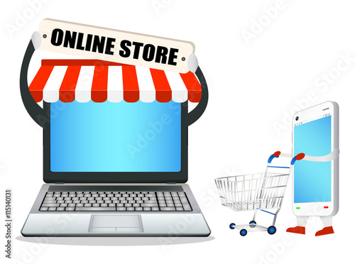 laptop online store with smart phone and shopping cart