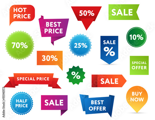 Big set of colorful sale banners in different shapes.