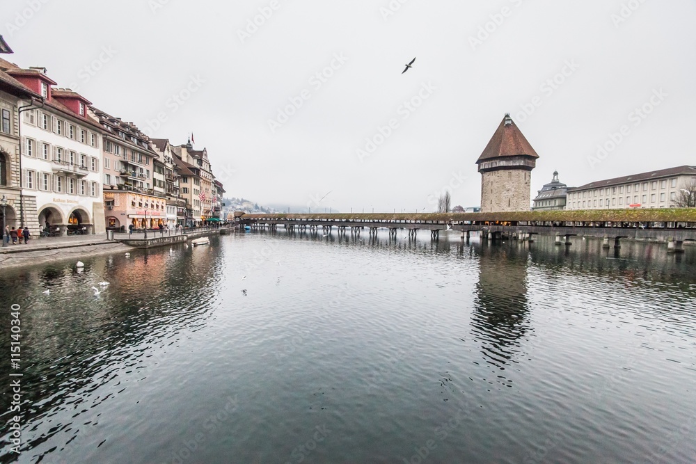 Holiday in Europe - Beautiful foggy view of winter landscape in Lucerne, Switzerland