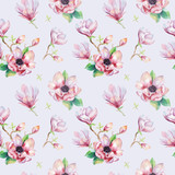 Watercolor seamless wallpaper with  magnolia flowers, leaves.