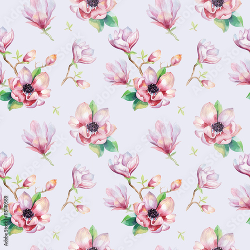 Watercolor seamless wallpaper with  magnolia flowers  leaves.