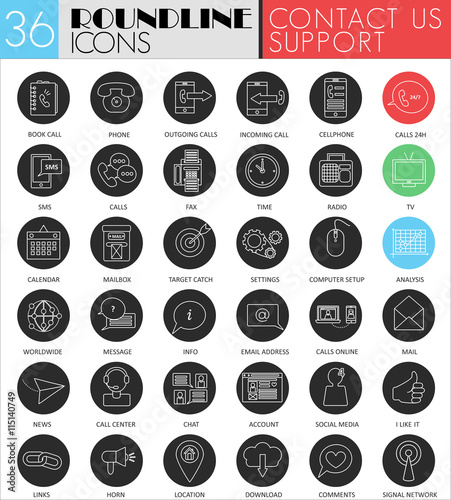 Vector contact us circle white black icon set. Modern line black support icon design for web.