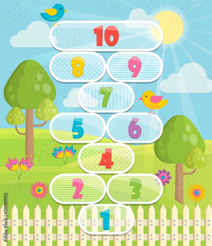 Lovely children activity play placemat rug for hopscotch game with nature sunny meadow, flowers, trees and fence background.