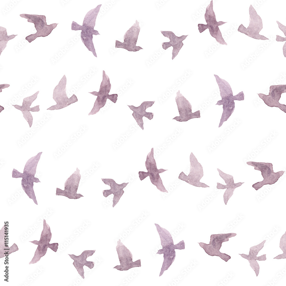 Cute repeat pattern with naive watercolor birds 