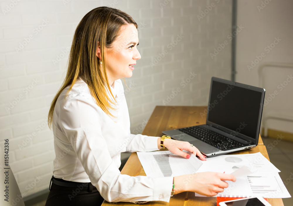Portrait of successful businesswoman working with laptop in office Portrait of successful businesswoman working with laptop in office
